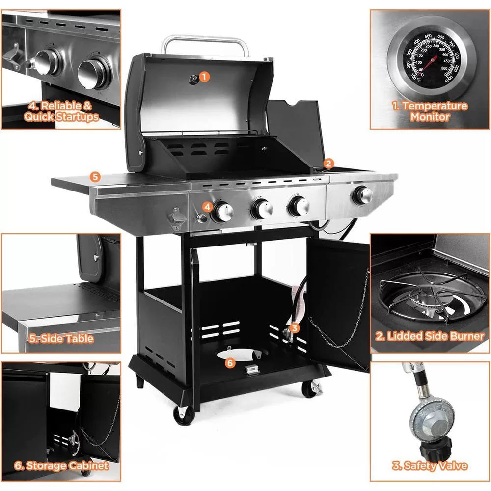 Cesicia AN016orange9 Outdoor BBQ 3 Burner Propane Grill Stainless Steel Gas Grill with Side Burner and Thermometer in Silver and Black