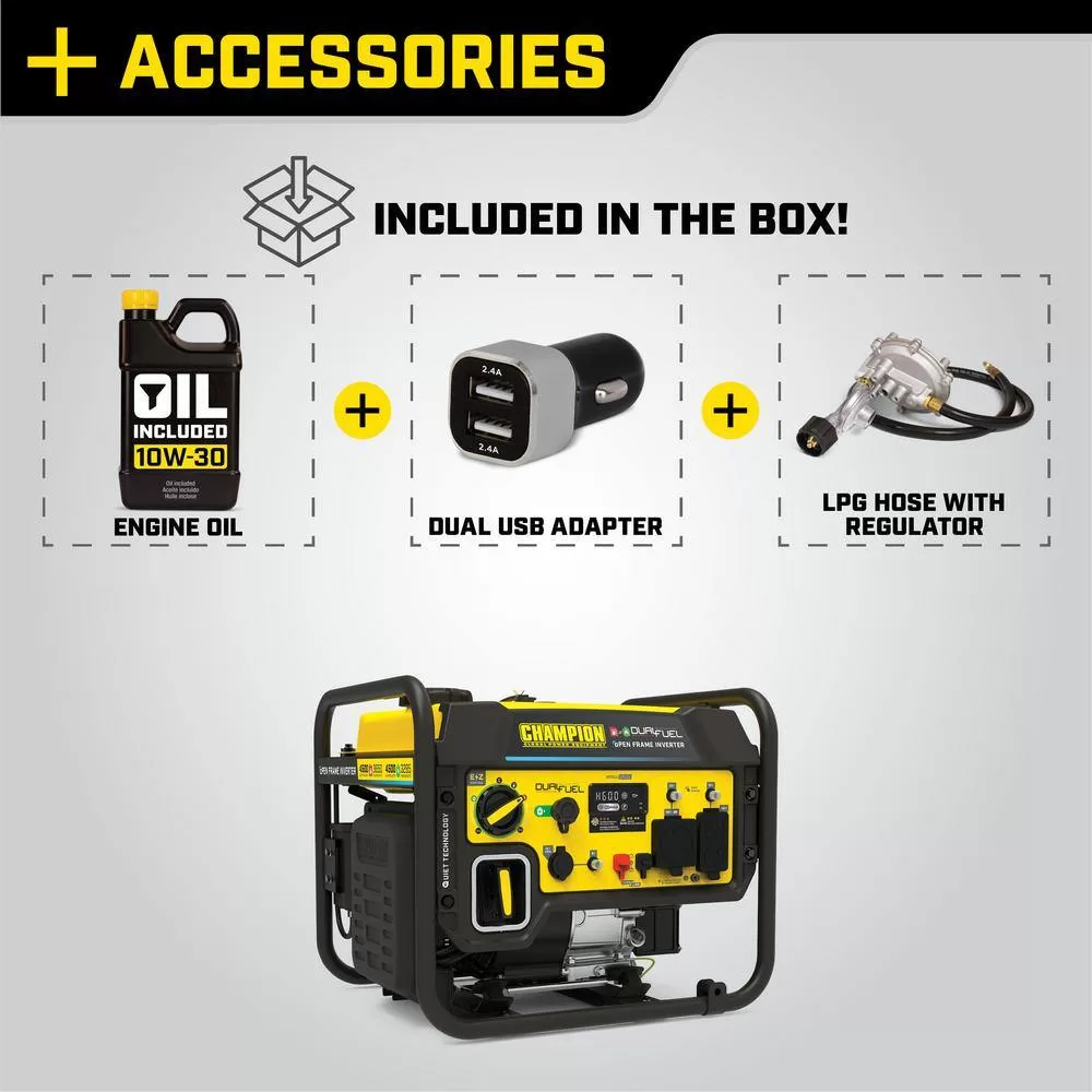 Champion Power Equipment 200978 4500-Watt Recoil Start Gasoline and Propane Powered Dual Fuel Open Frame Inverter Generator with CO Shield