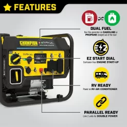 Champion Power Equipment 200978 4500-Watt Recoil Start Gasoline and Propane Powered Dual Fuel Open Frame Inverter Generator with CO Shield
