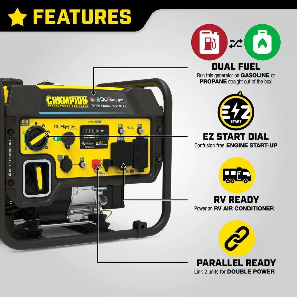 Champion Power Equipment 200978 4500-Watt Recoil Start Gasoline and Propane Powered Dual Fuel Open Frame Inverter Generator with CO Shield