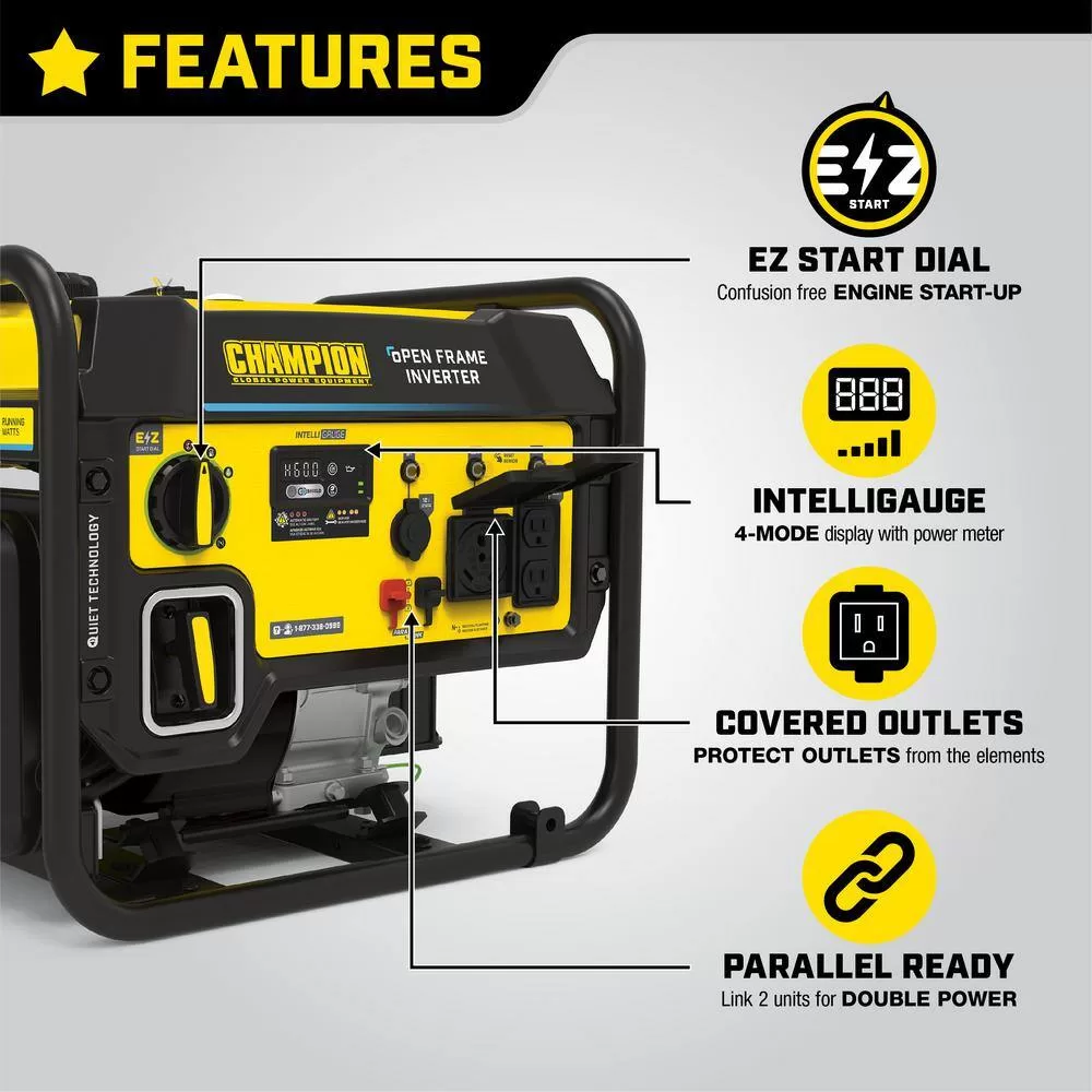 Champion Power Equipment 201049 4500-Watt Recoil Start Gasoline Powered Open Frame Inverter Generator with CO Shield