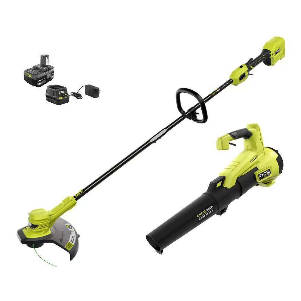 RYOBI P20121VNM ONE+ HP 18V Brushless Cordless Battery String Trimmer and Leaf Blower Combo Kit with 4.0 Ah Battery and Charger
