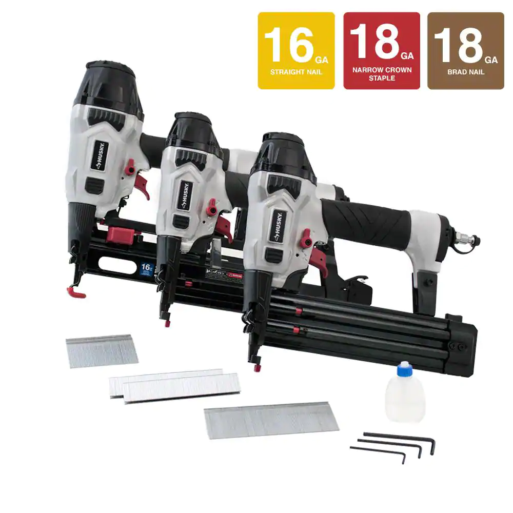 Husky 206944644 Finish Kit with 16-Gauge Finish Nailer, 18-Gauge Brad Nailer and 18-Gauge Stapler (3-Piece)
