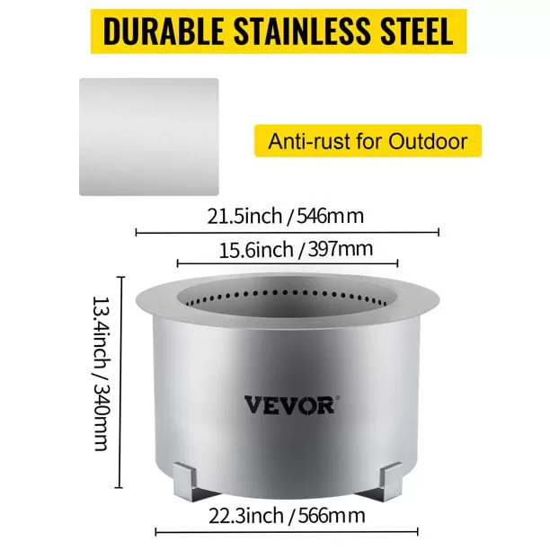 VEVOR Smokeless Fire Pit, Large 22 inch Diameter Wood Burning Fire Pit, Portable Smokeless Fire Bowl for Picnic Camping Backyard Silver