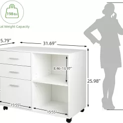 TUSY 3-Drawer Wood File Cabinet, Mobile Lateral Filing Cabinet for Home Office, Printer Stand with Open Storage Shelves, White