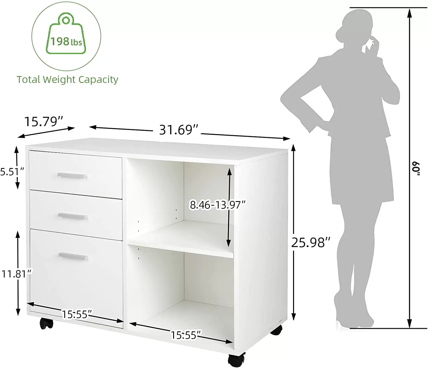 TUSY 3-Drawer Wood File Cabinet, Mobile Lateral Filing Cabinet for Home Office, Printer Stand with Open Storage Shelves, White