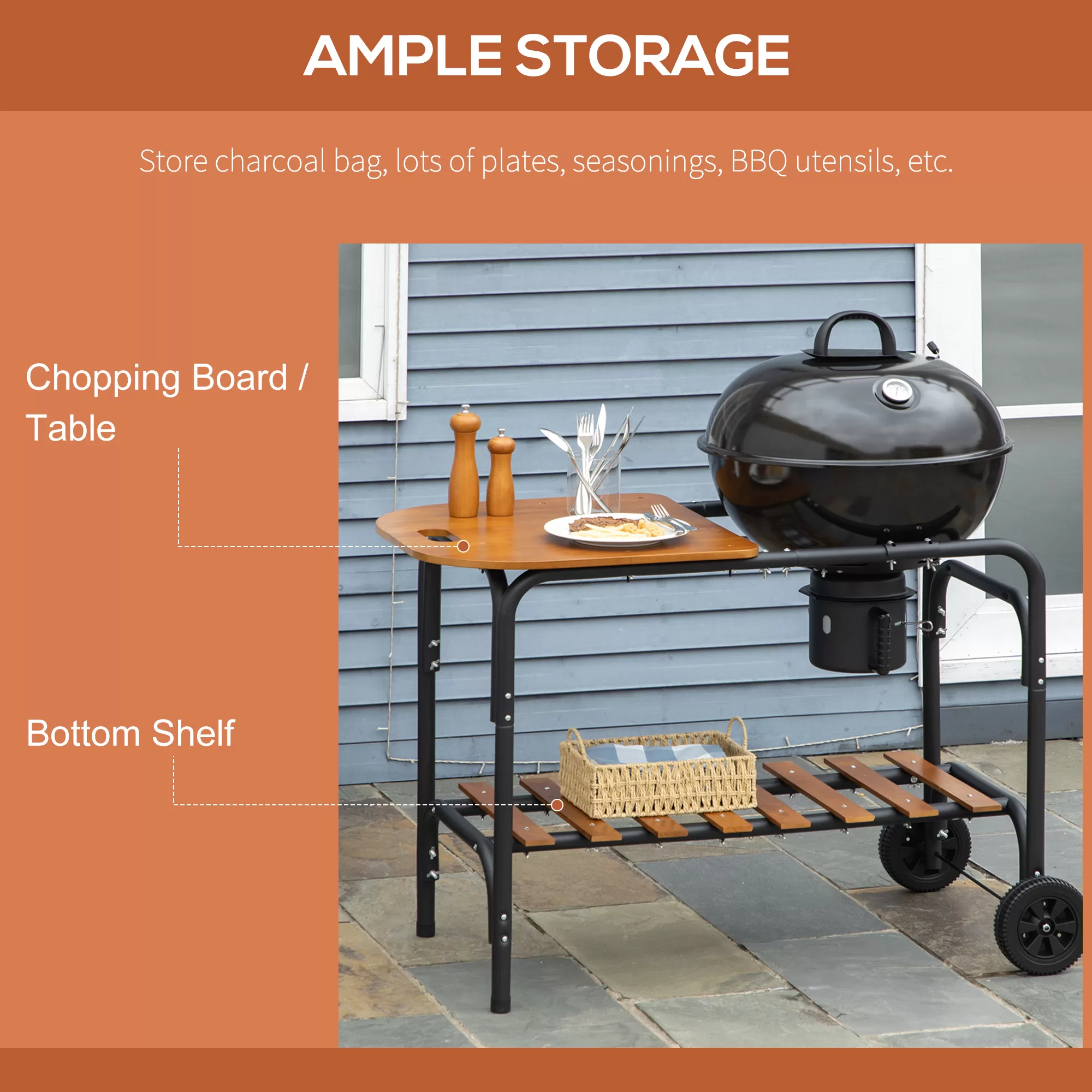 Outsunny Charcoal BBQ Grill on Wheels 21" Barbecue Smoker W/ Table, Shelf