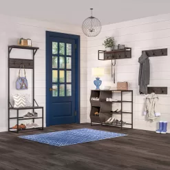 RiverRidge Home Afton Metal Frame Hall Tree with Seat, 3 Open Shelves, and 3 Hooks in Dark Weathered Wood