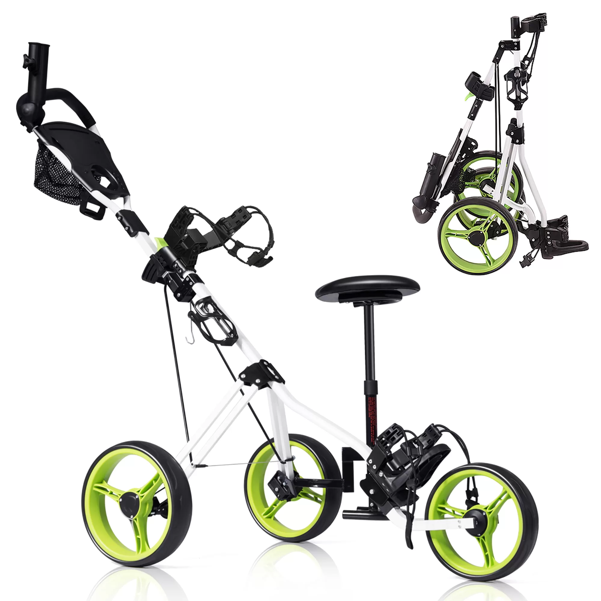 Costway Foldable 3 Wheel Push Pull Golf Club Cart Trolley w/Seat Scoreboard Bag Swivel