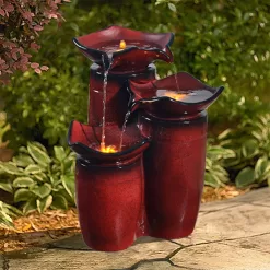 Teamson Home Outdoor 3-Tier Glazed Pot Floor Fountain with LED Lights, Red