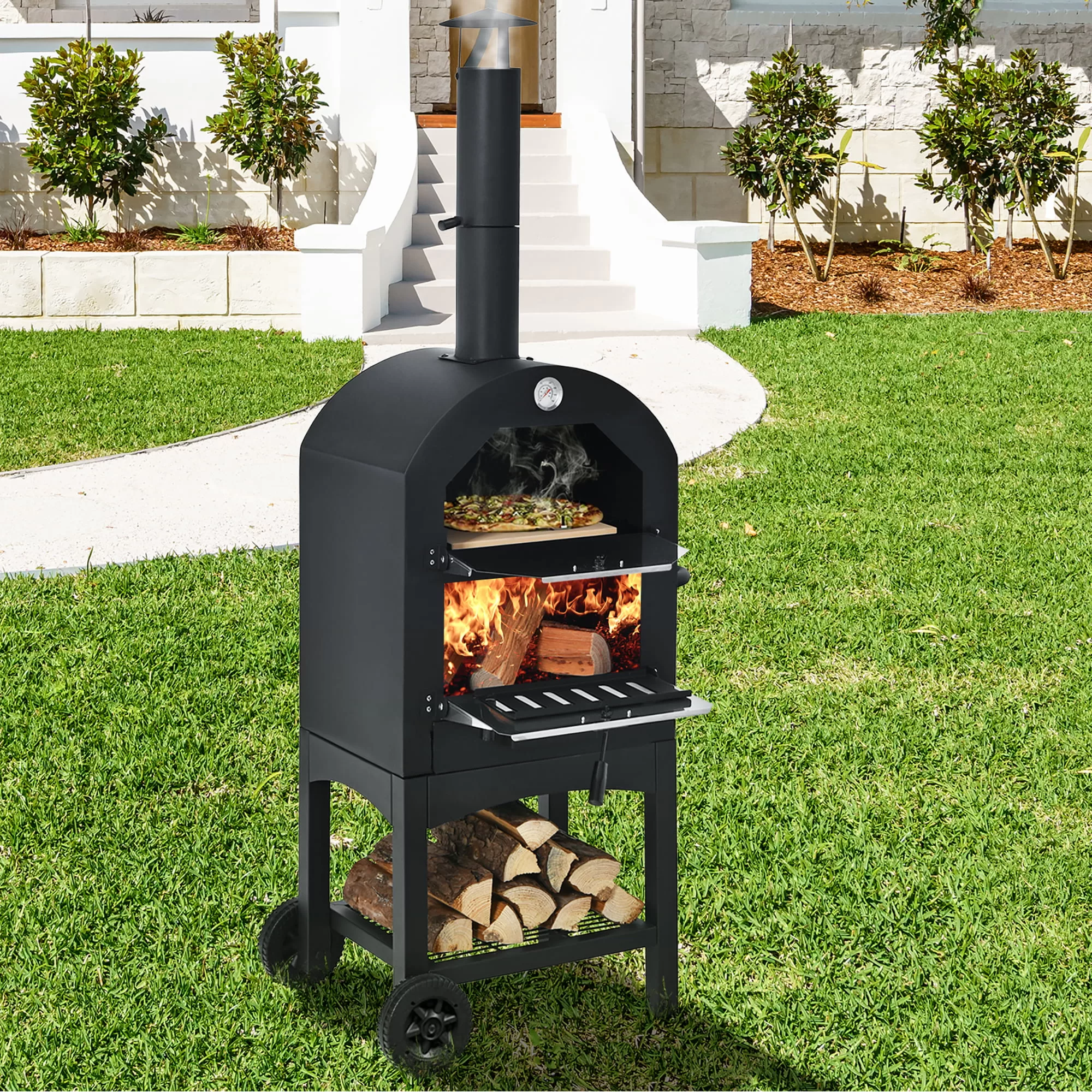 Costway Outdoor Pizza Oven Wood Fire Pizza Maker Grill w/ Pizza Stone & Waterproof Cover