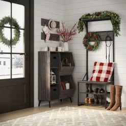RiverRidge Home Afton Metal Frame Hall Tree with Seat, 3 Open Shelves, and 3 Hooks in Dark Weathered Wood