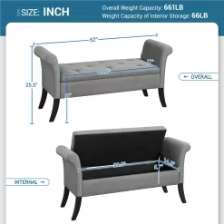 SmileMart Button Tufted Ottoman Storage Bench with Rolled Arms, Light Gray Fabric