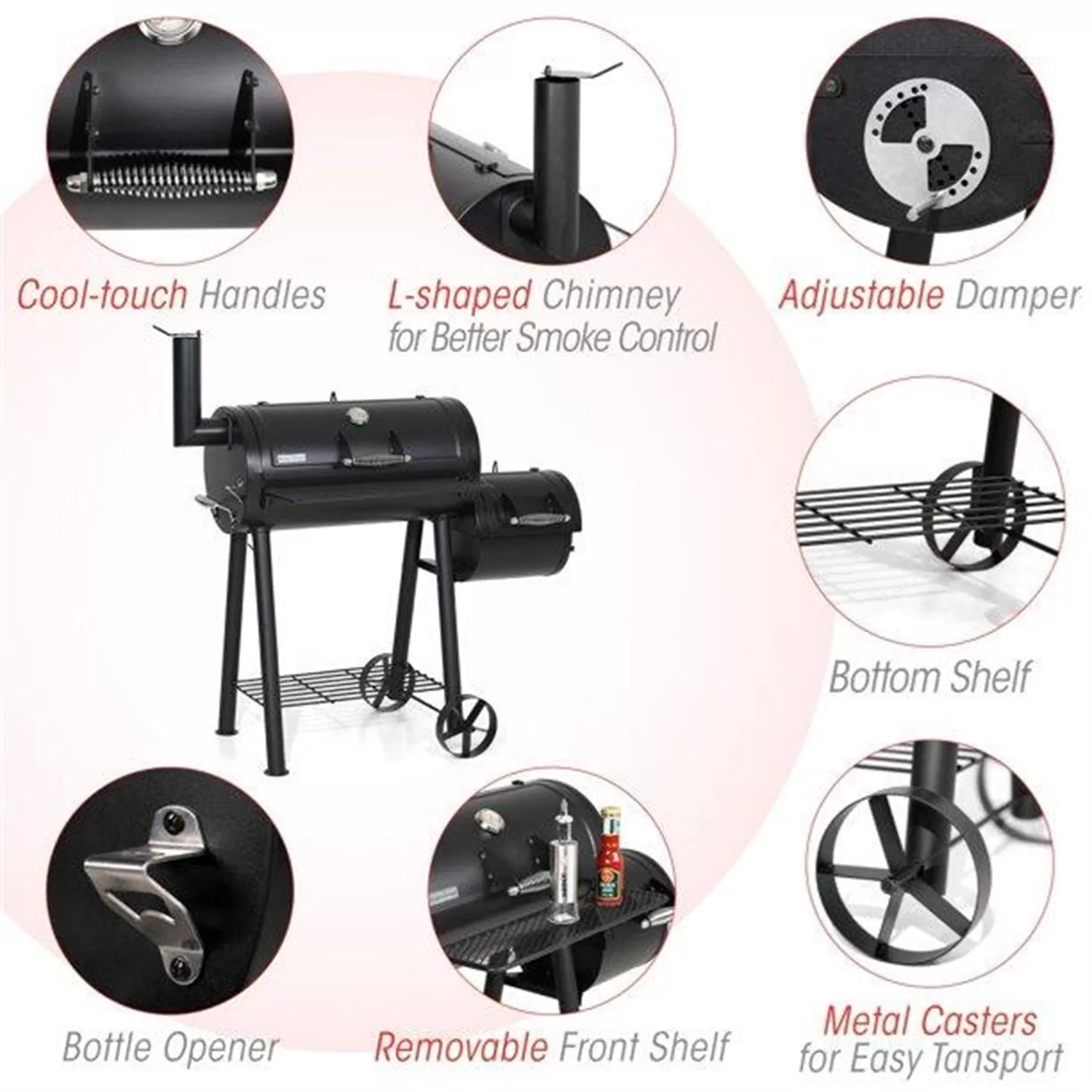 MF Studio 28'' BBQ Charcoal Grill with Offset Smoker for Backyard and Camping