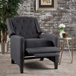 Noble House Izidro Tufted Dark Charcoal Fabric Recliner with Stud Accents