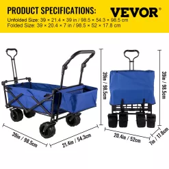 VEVORbrand Collapsible Wagon Cart Blue, Removable Canopy 600D Oxford Cloth, Portable Folding Wagon Adjustable Handles