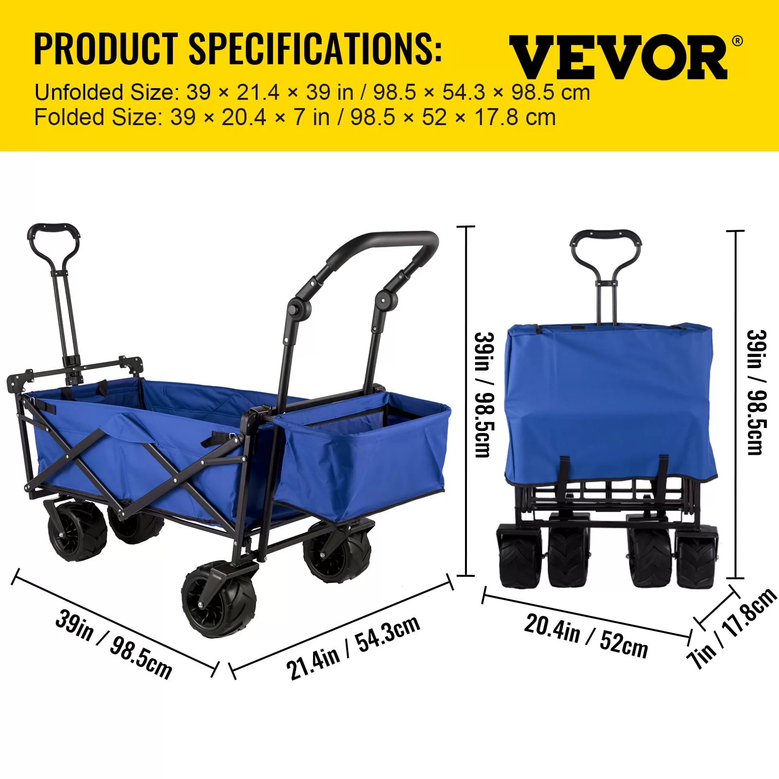 VEVORbrand Collapsible Wagon Cart Blue, Removable Canopy 600D Oxford Cloth, Portable Folding Wagon Adjustable Handles