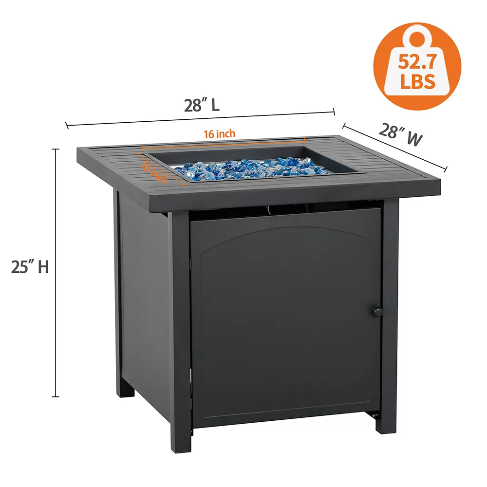 28 in. Outdoor Propane Fire Pit Slat Tabletop with Glass Stone