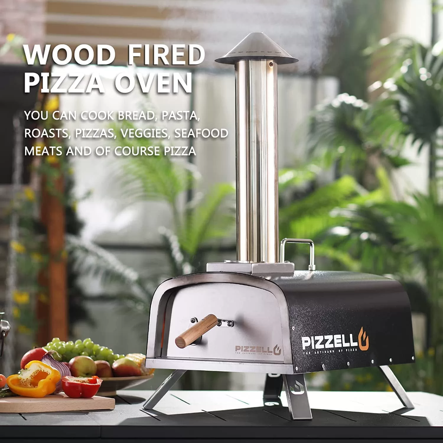PIZZELLO Pellet Pizza Oven 12" Outdoor Wood Fired Pizza Ovens with Pizza Stone, Pizza Peel, Fold-up Legs, Cover, Thermometer, Chimney - Black