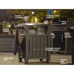 Keter Unity 40 Gal Patio Storage Grilling Bar Cart w/Stainless Steel Top, Brown