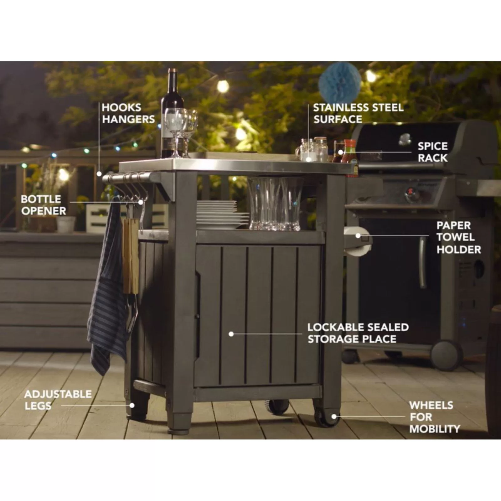 Keter Unity 40 Gal Patio Storage Grilling Bar Cart w/Stainless Steel Top, Brown