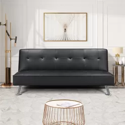 Easyfashion Convertible Black Faux Leather Futon Sofa Bed, Black
