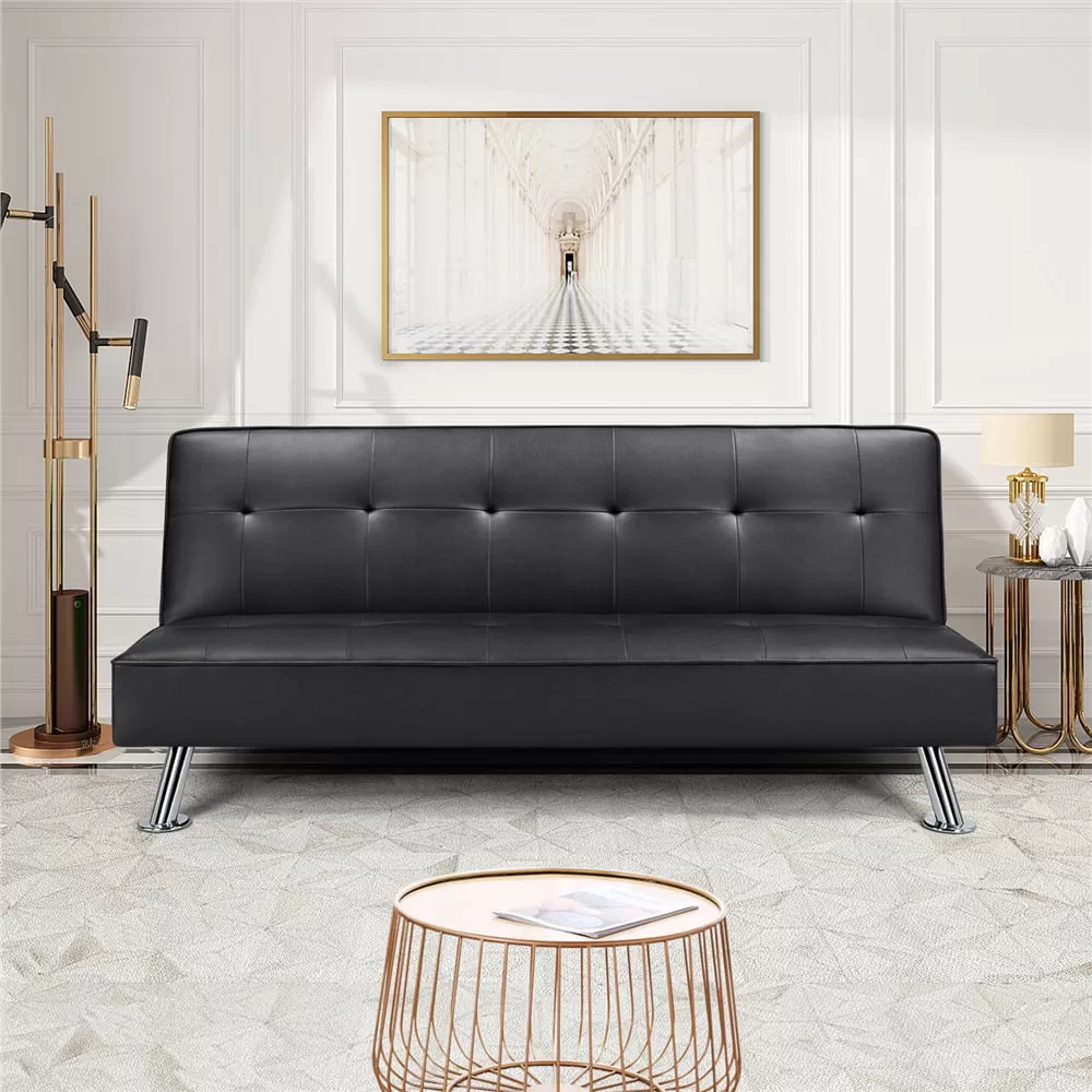 Easyfashion Convertible Black Faux Leather Futon Sofa Bed, Black