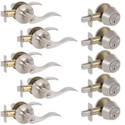 DELANEY HARDWARE KIT#BN3001R-PP 5-Bennett Satin Nickel Entry Door Handles and 5-Satin Nickel Single Cylinder Deadbolt All Keyed Alike
