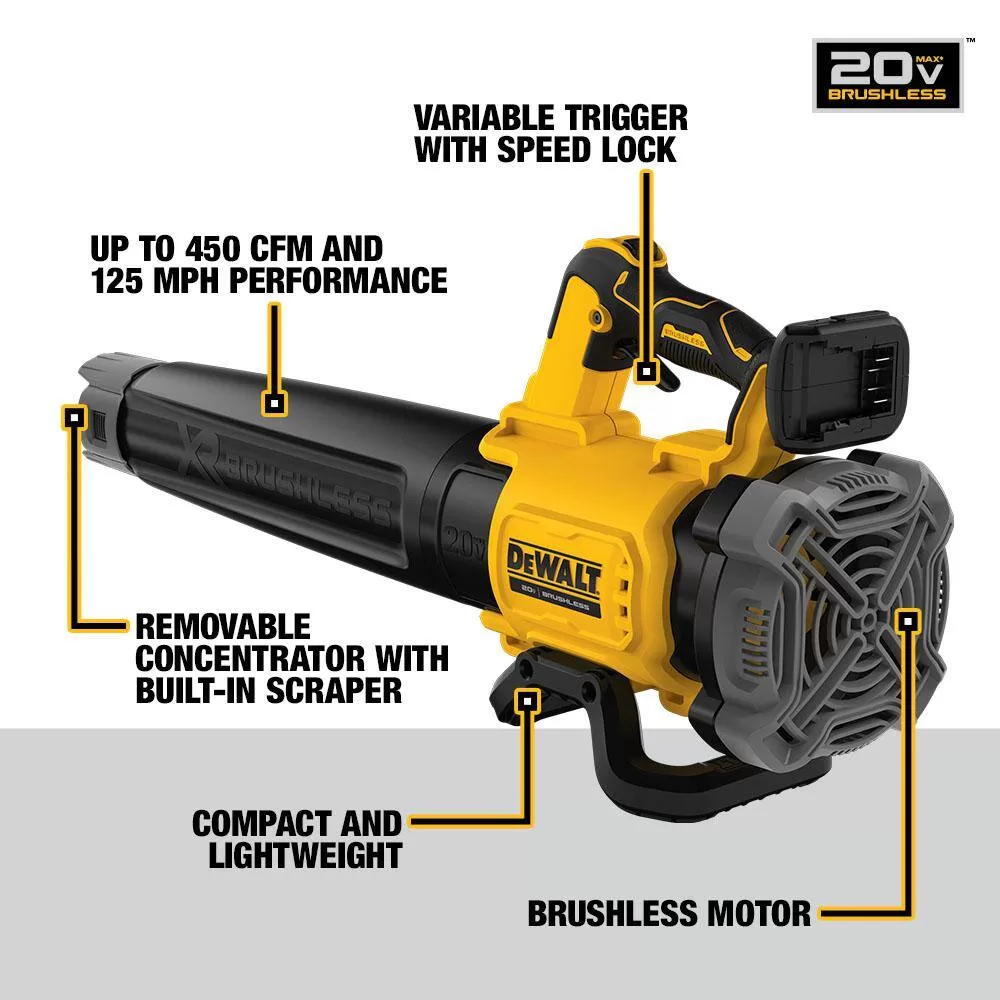 DEWALT DCBL722BWCB240C 20V MAX 125 MPH 450 CFM Cordless Brushless Handheld Blower with 20V Compact Lithium-Ion 4Ah Battery & 12V to 20V Charger