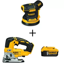 DEWALT 20V MAX XR Cordless Brushless 5 in. Random Orbital Sander, 20V MAX XR Cordless Jigsaw, and (1) 20V 5.0Ah Battery