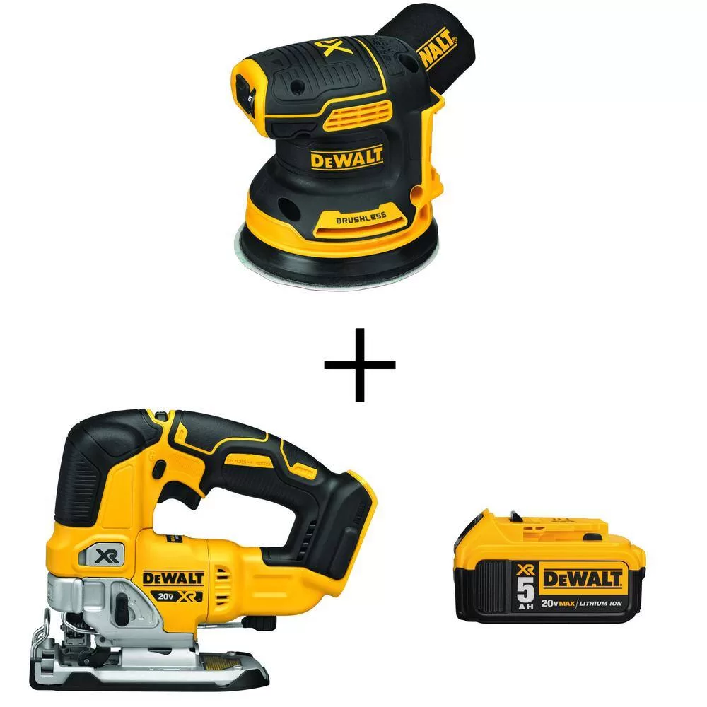 DEWALT 20V MAX XR Cordless Brushless 5 in. Random Orbital Sander, 20V MAX XR Cordless Jigsaw, and (1) 20V 5.0Ah Battery