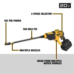DEWALT DCPW550P1 20V MAX 550 PSI 1.0 GPM Cold Water Cordless Electric Power Cleaner with 4 Nozzles, (1) 5.0 Ah Battery and Charger