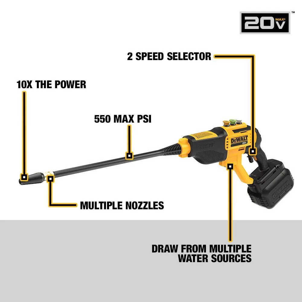 DEWALT DCPW550P1 20V MAX 550 PSI 1.0 GPM Cold Water Cordless Electric Power Cleaner with 4 Nozzles, (1) 5.0 Ah Battery and Charger