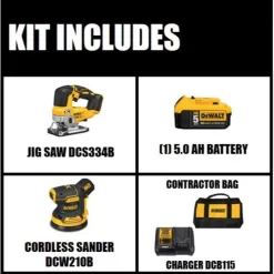 DEWALT DCS334BW210205C 20V MAX XR Cordless Brushless Jigsaw, 5 in. Random Orbital Sander, and (1) 20V 5.0Ah Battery and Charger