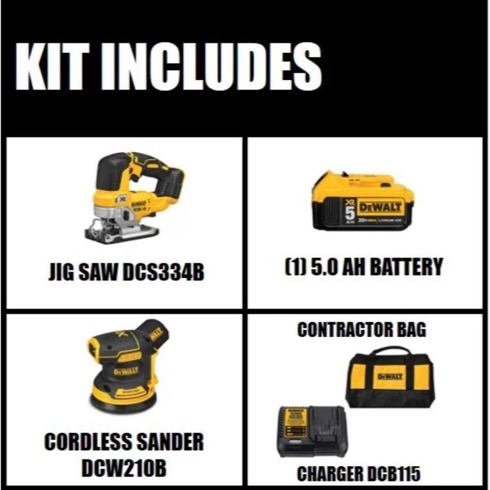 DEWALT DCS334BW210205C 20V MAX XR Cordless Brushless Jigsaw, 5 in. Random Orbital Sander, and (1) 20V 5.0Ah Battery and Charger