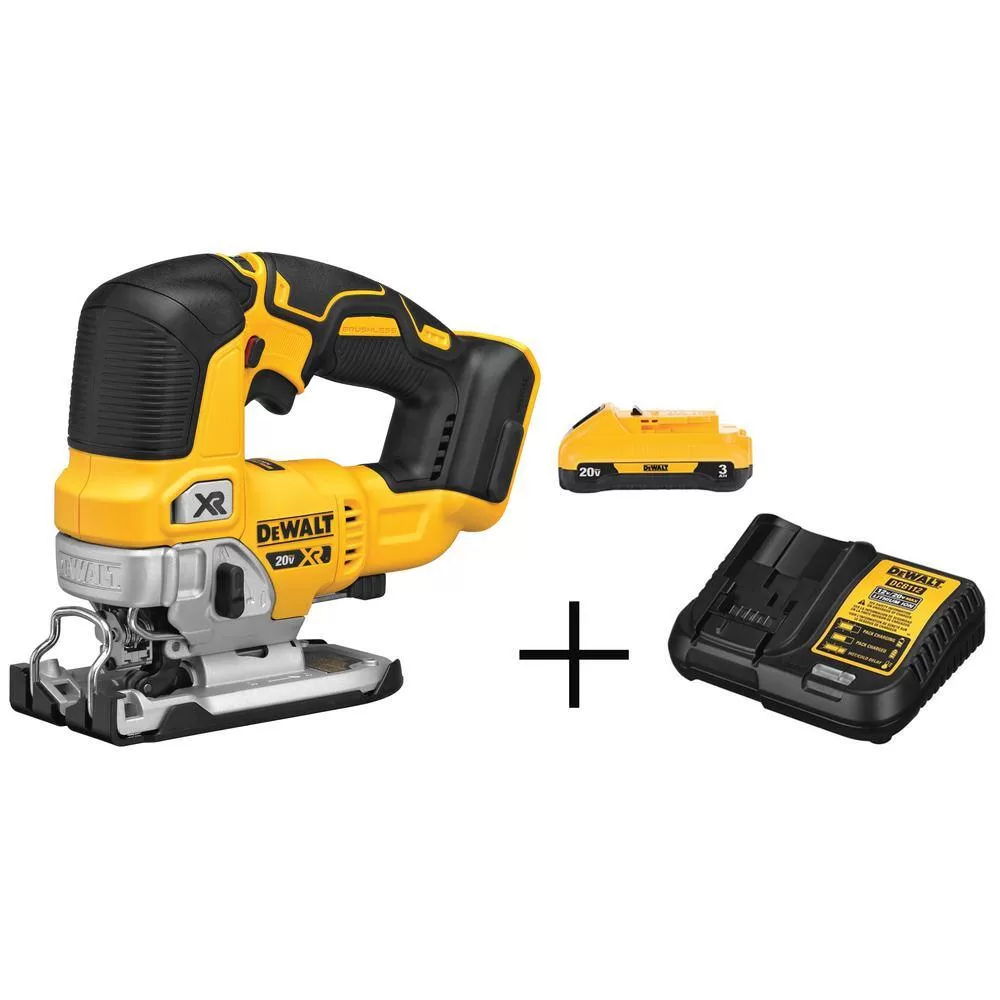 DEWALT 20V MAX XR Cordless Brushless Jigsaw, (1) 20V MAX Compact Lithium-Ion 3.0Ah Battery, and 12V-20V MAX Charger
