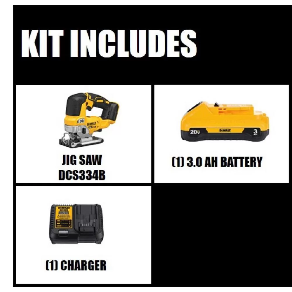 DEWALT 20V MAX XR Cordless Brushless Jigsaw, (1) 20V MAX Compact Lithium-Ion 3.0Ah Battery, and 12V-20V MAX Charger