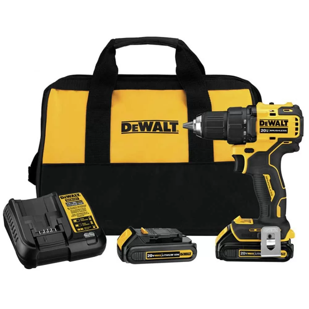 DEWALT ATOMIC 20V MAX Cordless Brushless Compact 1/2 in. Drill/Driver, (2) 20V 1.3Ah Batteries, Charger and Bag