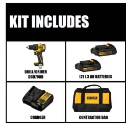 DEWALT ATOMIC 20V MAX Cordless Brushless Compact 1/2 in. Drill/Driver, (2) 20V 1.3Ah Batteries, Charger and Bag