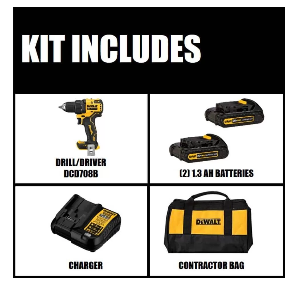 DEWALT ATOMIC 20V MAX Cordless Brushless Compact 1/2 in. Drill/Driver, (2) 20V 1.3Ah Batteries, Charger and Bag