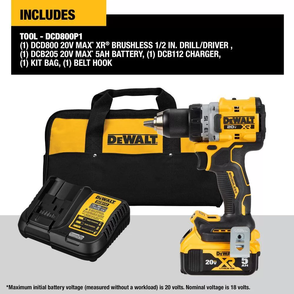 DEWALT DCD800P1 20V MAX XR Lithium-Ion Cordless Compact 1/2 in. Drill/Driver Kit, 20V MAX 5.0Ah Battery, and Charger - Image 6