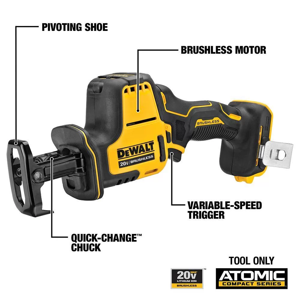 DEWALT DCS369BW203 ATOMIC 20V MAX Cordless Brushless Compact Reciprocating Saw and (1) 20V MAX Compact Lithium-Ion 2.0Ah Battery
