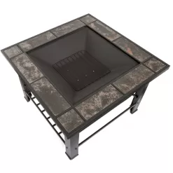 Fire Pit Table – 30-Inch Square Wood Burning Bonfire Pit with Marble Tile Edge, Spark Screen, Tile Fire Bowl Cover, Log Poker by Pure Garden (Black)
