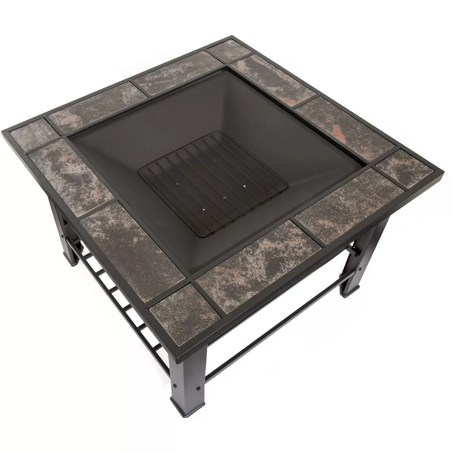 Fire Pit Table – 30-Inch Square Wood Burning Bonfire Pit with Marble Tile Edge, Spark Screen, Tile Fire Bowl Cover, Log Poker by Pure Garden (Black)