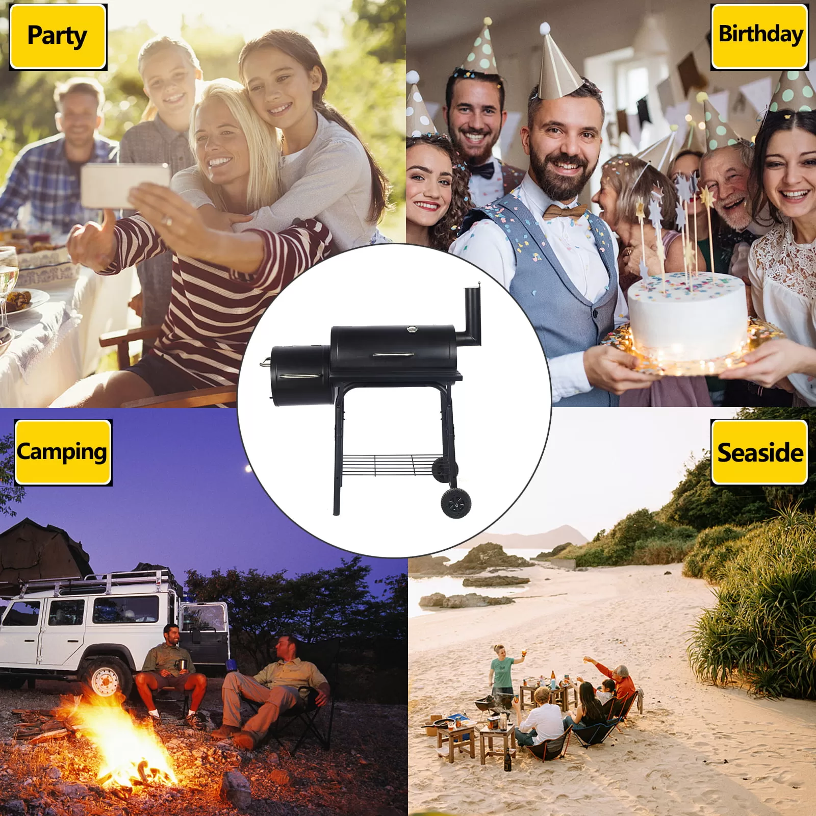 SKONYON Outdoor Portable BBQ Charcoal Grill with Offset Smoker, Black