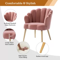 14 Karat Home Floral Scalloped Velvet Bucket Armchair, Modern Accent Chair with Tufted Back for Living Room, Pink