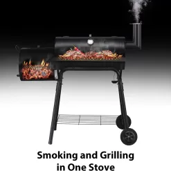 SKONYON Outdoor Portable BBQ Charcoal Grill with Offset Smoker, Black