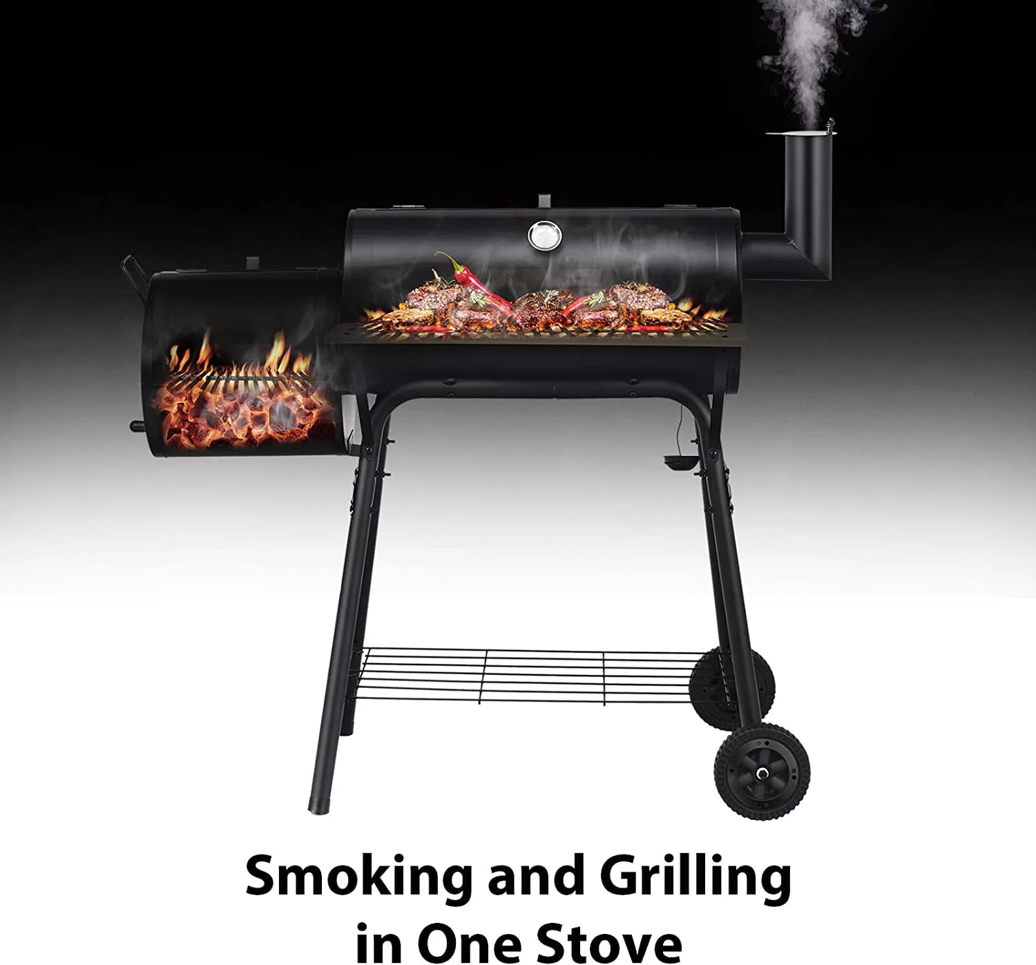 SKONYON Outdoor Portable BBQ Charcoal Grill with Offset Smoker, Black