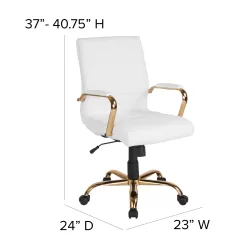 Flash Furniture Mid-Back White LeatherSoft Executive Swivel Office Chair with Gold Frame and Arms