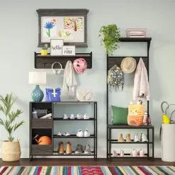 RiverRidge Home Afton Metal Frame Hall Tree with Seat, 3 Open Shelves, and 3 Hooks in Dark Weathered Wood
